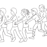 Line of people holding the hips of the person in front of them, as played in the energetic tag game Dragon Tail Tag