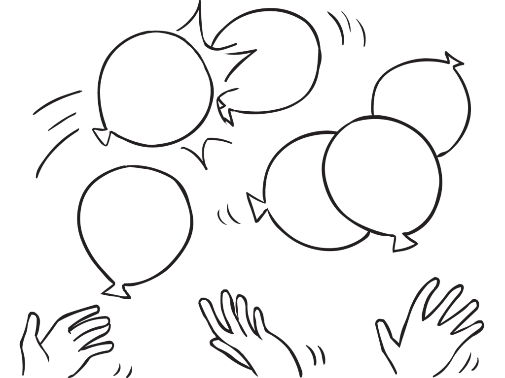 Bunch of balloons in the air, as one gets hit into the path of another, just like star wars fun group energiser