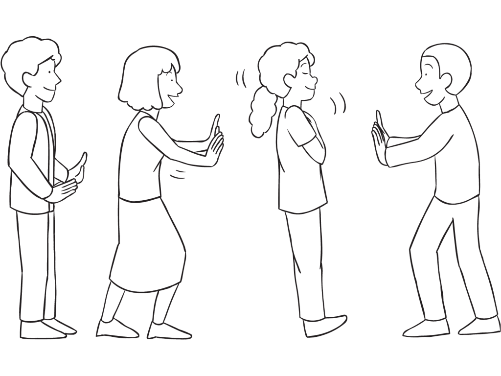 Two lines of people facing one another in a straight line with one person rocking back and forth between the two middle spotters as part of the trust line powerful trust-building activity