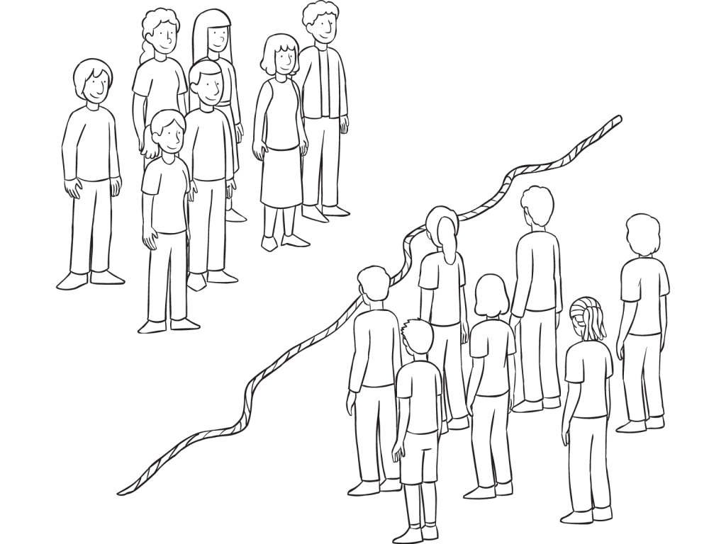 Two groups of people, standing either side of a rope, not wanting to cross the line
