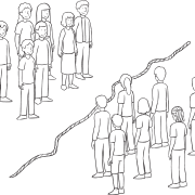 A team negotiation exercise, with two groups of people, standing either side of a rope, not wanting to cross the line