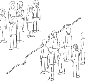 Two groups of people, standing either side of a rope, not wanting to cross the line