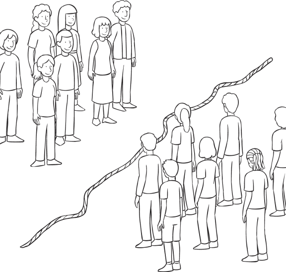 A team negotiation exercise, with two groups of people, standing either side of a rope, not wanting to cross the line