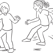 Girl attempting to jump on foot of boy in active tag game called Pretty Darn Quick