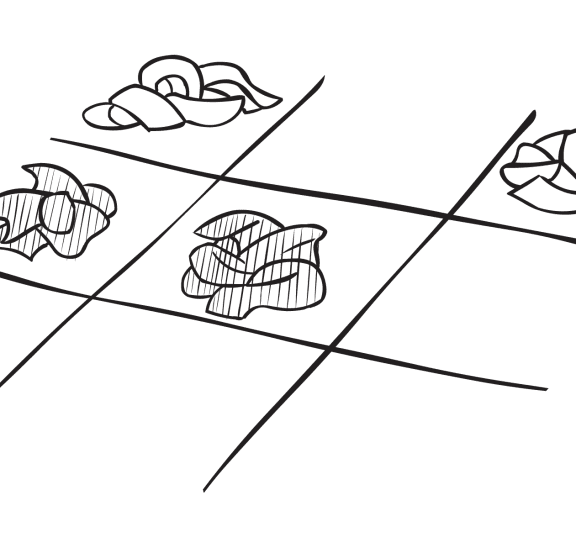 Energetic team game Tic Tac Toe placed on floor with pieces of fabric used for noughts and crosses