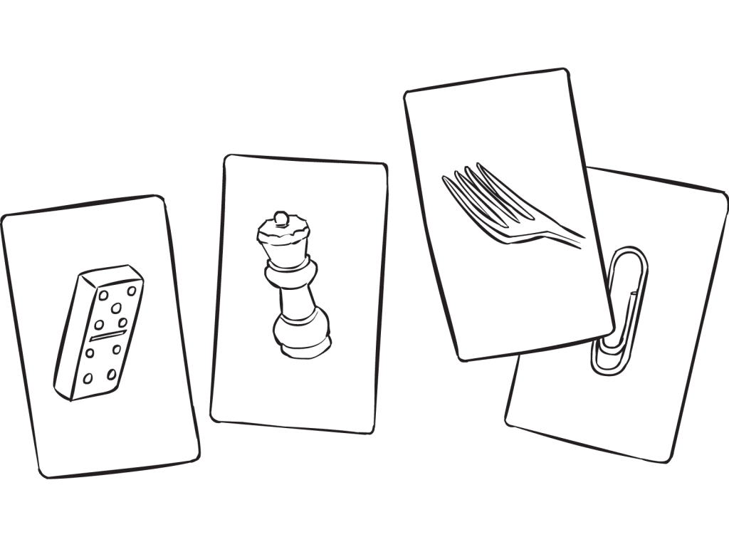 Four unique playing cards as featured in visual puzzle activity Fine Line Cards