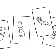 Four unique playing cards as featured in visual puzzle activity Fine Line Cards