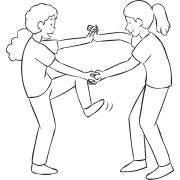Two women holding hands and attempting to step inside their arms as part of challenging partner stretch Wring-Out Stretch