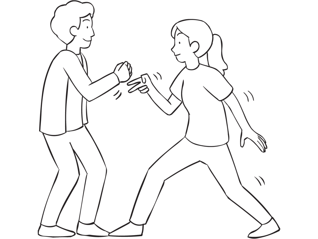 Two people standing on a straight line playing the splits competitive partner game