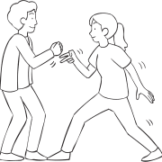 Two people standing on a straight line playing the splits competitive partner game