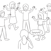 Group of people walking with their hands in the air with one person looking on playing the fun guessing game instigator