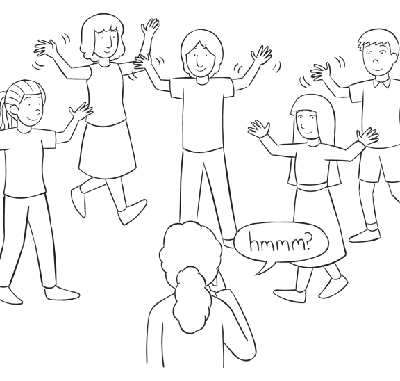 Group of people walking with their hands in the air with one person looking on playing the fun guessing game instigator