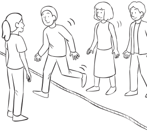 Group of people walking across a rope on the ground, as part of About Now group initiative