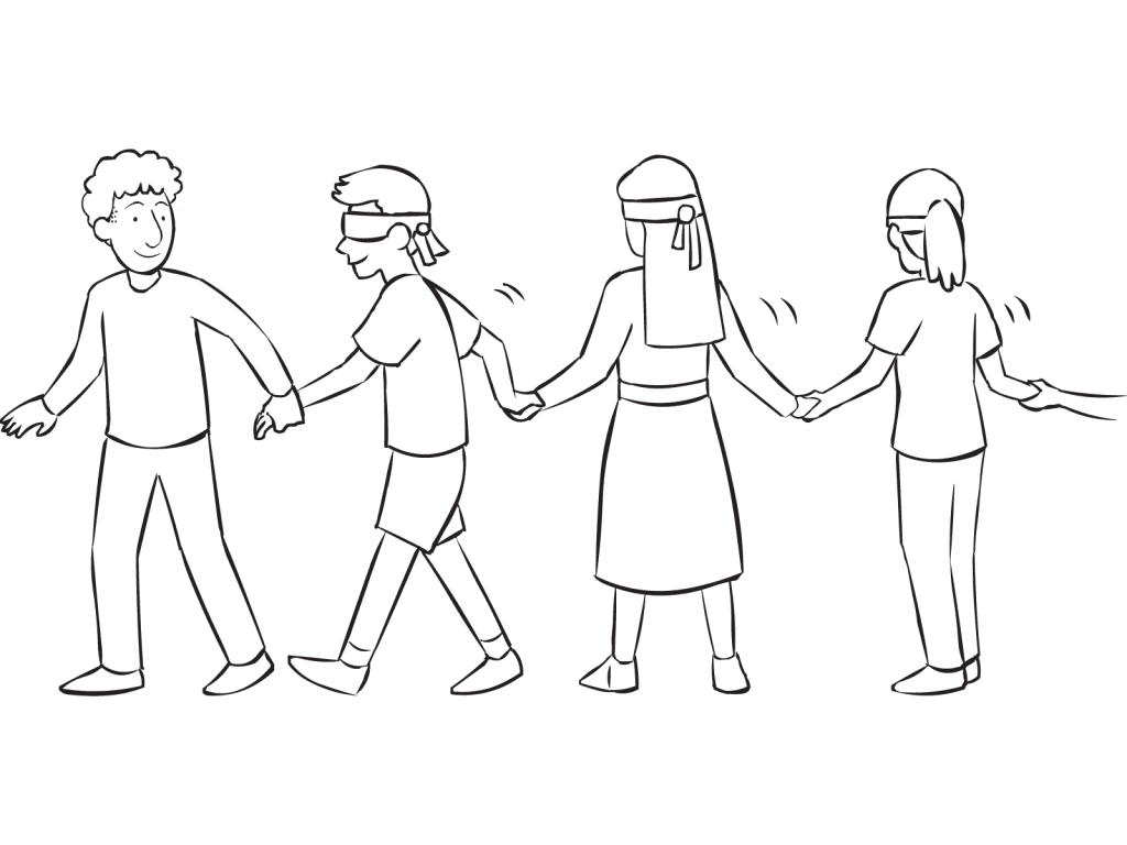 Team of blind-folded people lead by sighted team member, as seen in Sherpa Walk group initiative and trust-building activity