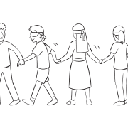 Team of blind-folded people lead by sighted team member, as seen in Sherpa Walk group initiative and trust-building activity