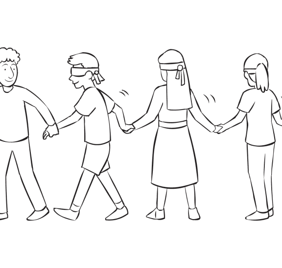 Team of blind-folded people lead by sighted team member, as seen in Sherpa Walk group initiative and trust-building activity