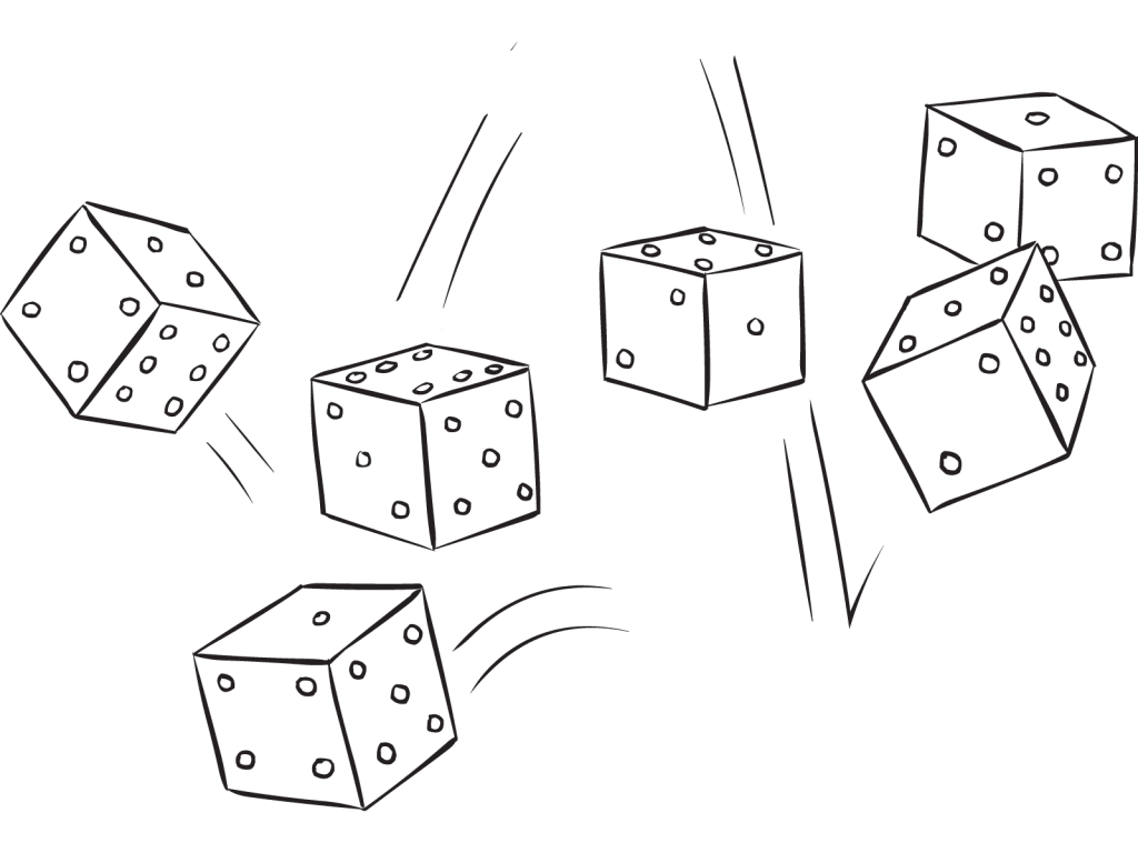 Six dice being rolled as part of the exciting dice game Farkel