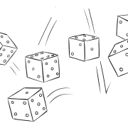 Six dice being rolled as part of the exciting dice game Farkel