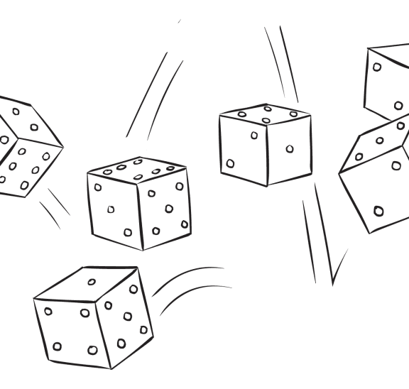 Six dice being rolled as part of the exciting dice game Farkel