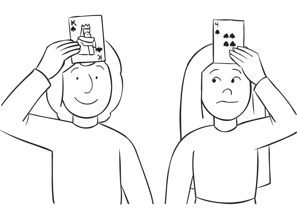 Two people with playing cards on their forehead, as seen in Poker Face social awareness exercise