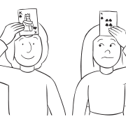 Two people with playing cards on their forehead, as seen in Poker Face social awareness exercise