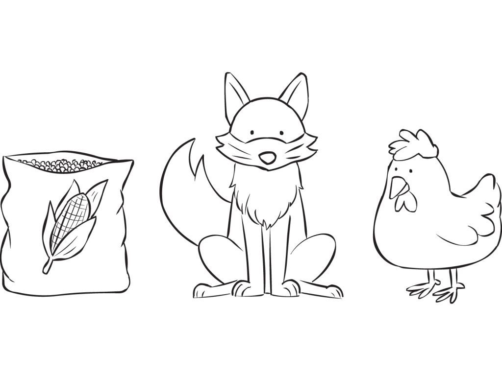 Illustrations of bag of corn, fox and chicken which form part of River Crossing team puzzle