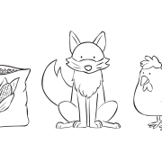 Illustrations of bag of corn, fox and chicken which form part of River Crossing logic puzzle game