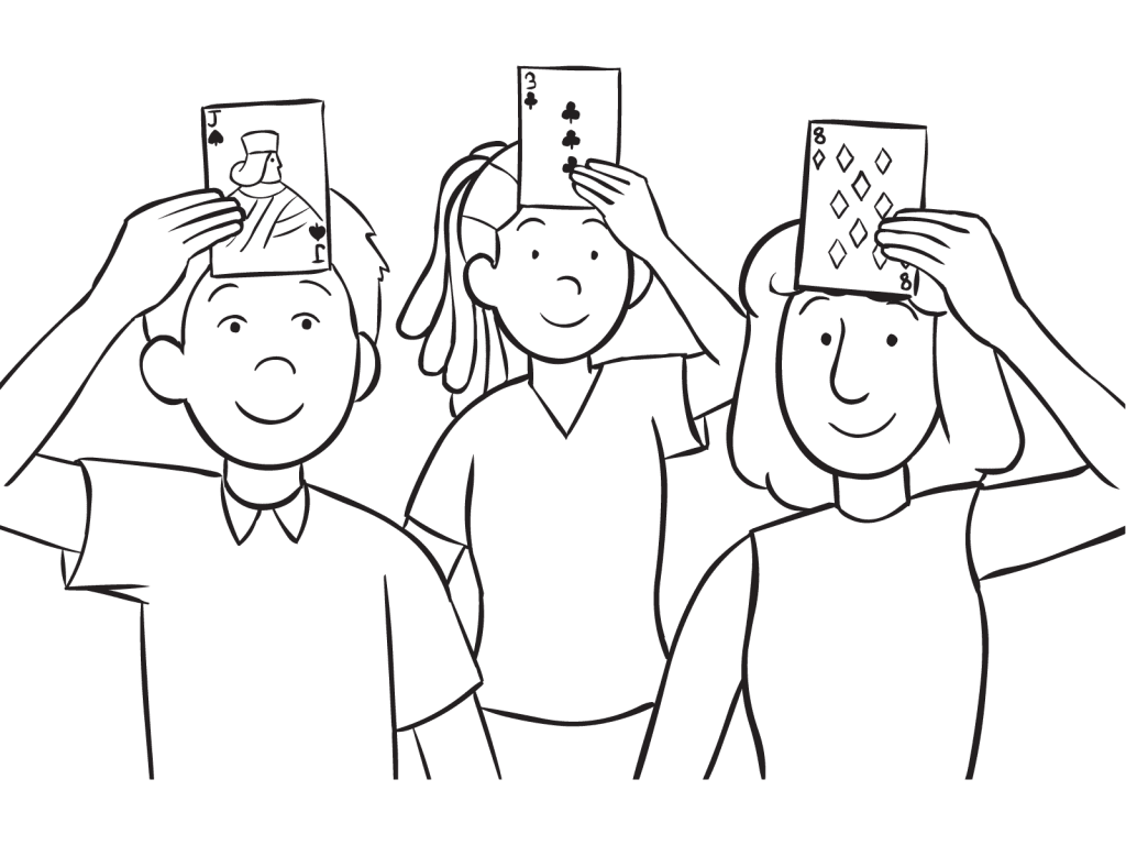 Blackjack card team-building game featuring three people with playing cards on their foreheads