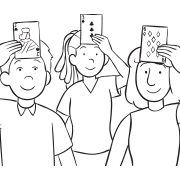 Blackjack card team-building game featuring three people with playing cards on their foreheads