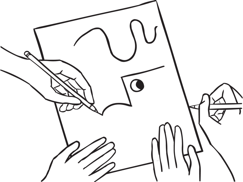 Creative partner activity Collaborative Drawing showing two people working together to create a piece of artwork