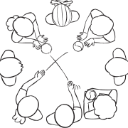 Fun team-building game Group Juggle passing a series of balls across a circle