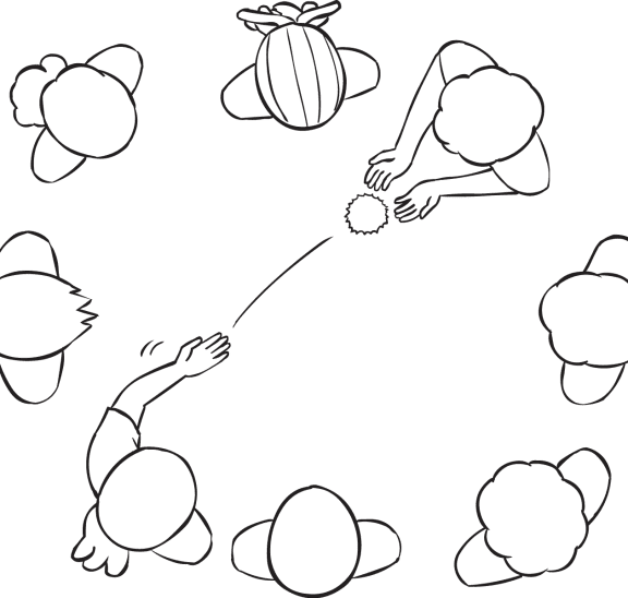 Warp Speed demonstration of a soft ball being passed inside a circle of people playing creative team challenge