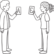 Two people holding letters cards as part of Letter Connection interactive ice-breaker game