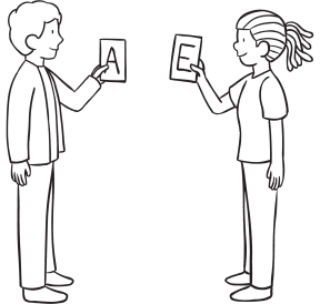 Two people holding letters cards as part of Letter Connection icebreaker game