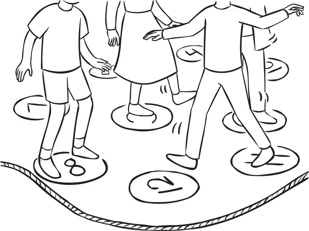 Pressure Cooker team coordination game with people stepping on and off numbered spots