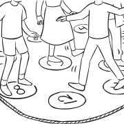 Pressure Cooker team coordination game with people stepping on and off numbered spots