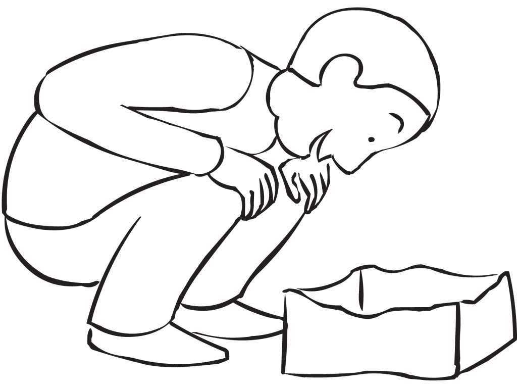 Man bending down playing Paper Bag Pick-Up fun challenge game.