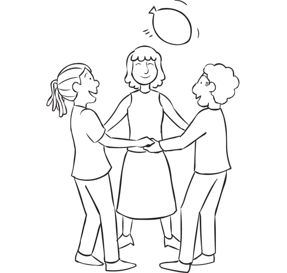 Three people playing a medley of balloon group games called Balloonarama