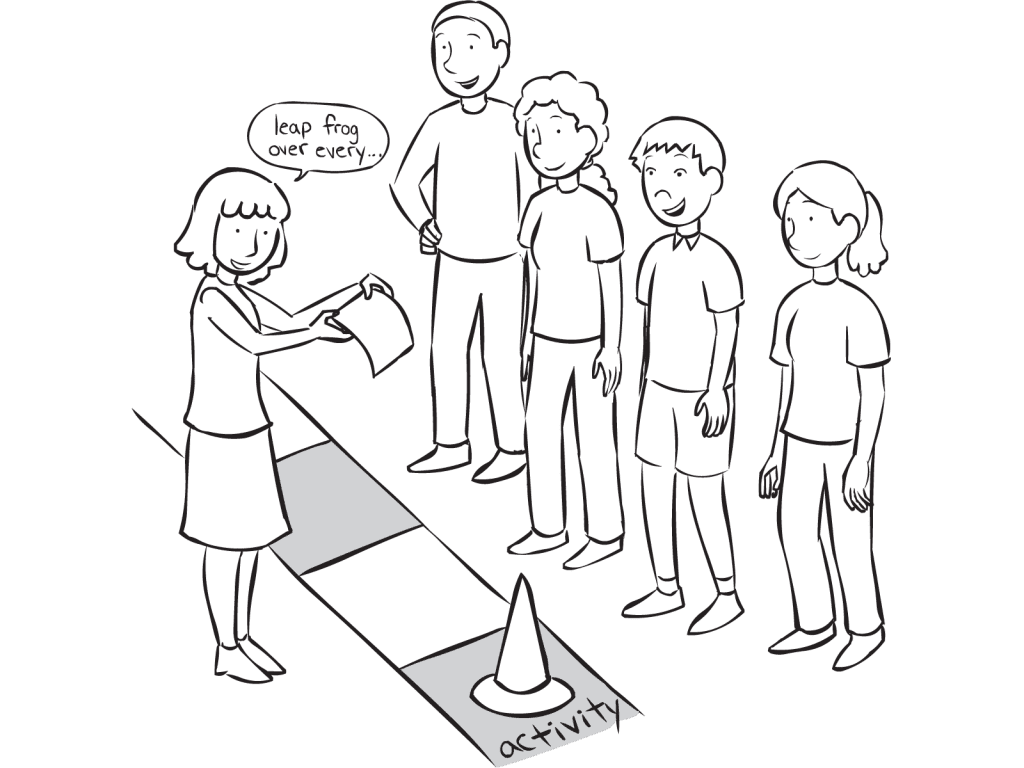 Small group playing large group team-building game BlueStarOpoly