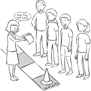 Small group playing large group team-building game BlueStarOpoly