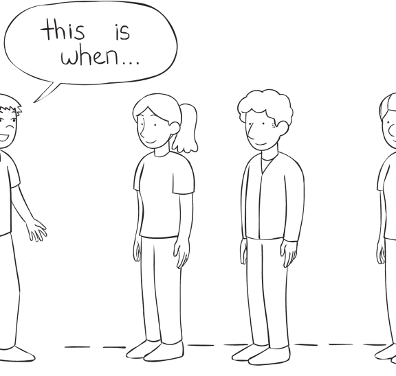 Line of people forming part of a storyline representing creative debriefing strategy