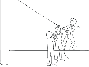 Illustration of man on Tension Traverse cable traversing challenge