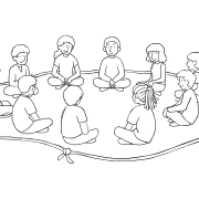 Illustration of group sitting inside rope Island of Healing circle for trust-building