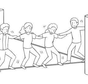 Illustration of group participating in Mohawk Walk challenge course element