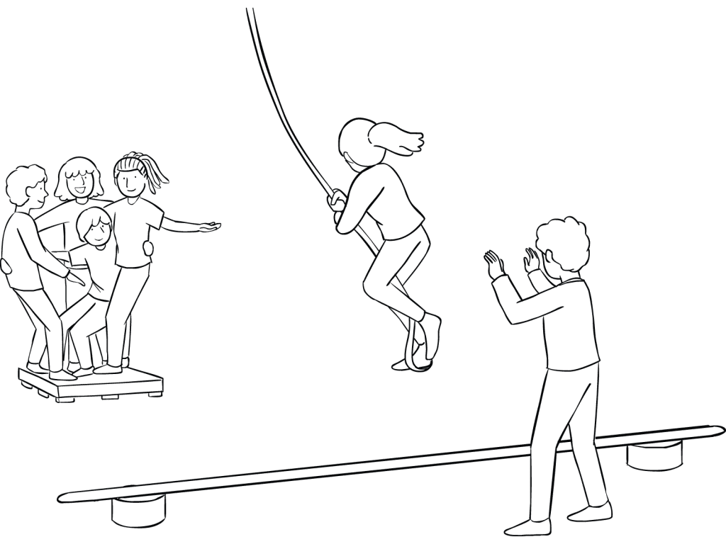Illustration of group participating in Nitro Crossing swing rope team challenge