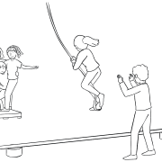 Illustration of group participating in Nitro Crossing swing rope team challenge