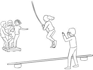 Illustration of group participating in Nitro Crossing swing rope team challenge
