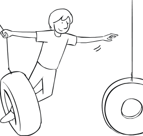 Illustration of man playing on Swinging Tyres challenge course element