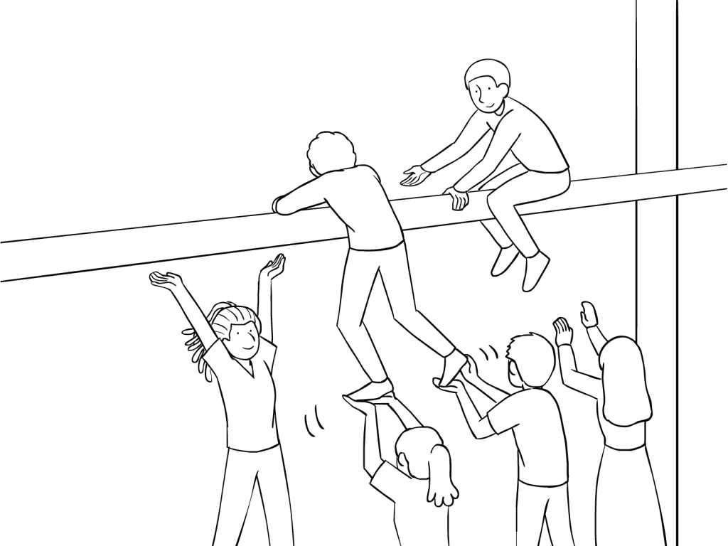 Illustration of group participating in The Beam challenging team activity