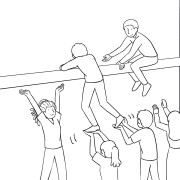 Illustration of group participating in The Beam challenging team activity